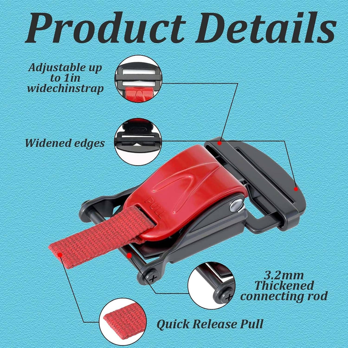 Helmet quick-release buckle set: red pull strap, black latch, attachment frame, rod