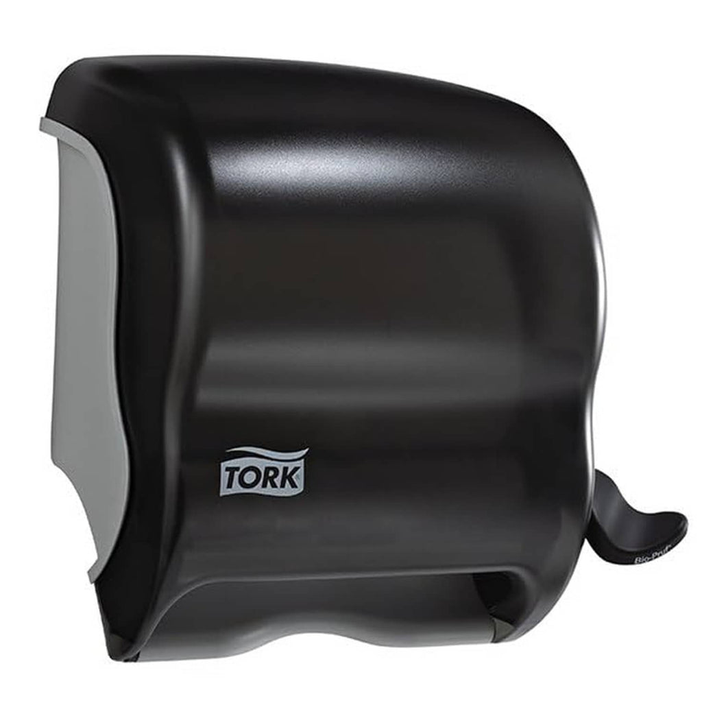 Black Tork paper towel roll dispenser with front outlet lever and curved body