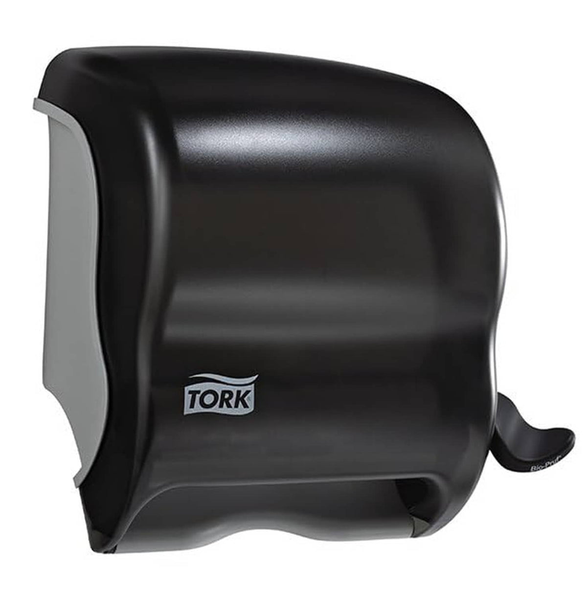 Black Tork paper towel roll dispenser with front outlet lever and curved body