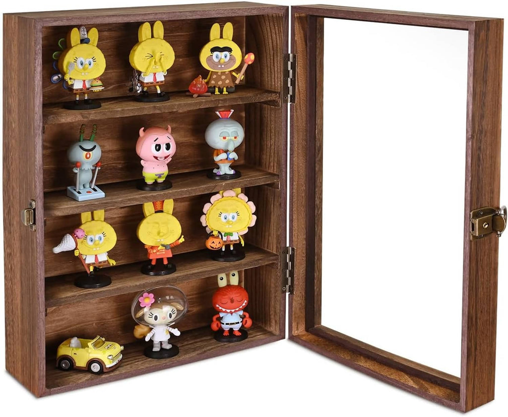 Wall-mounted shadow box display case with hinged door and side lock hardware, open panel