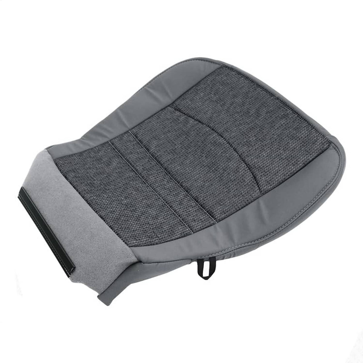 Gray seat cover cushion with textured center sections and side mounting strap