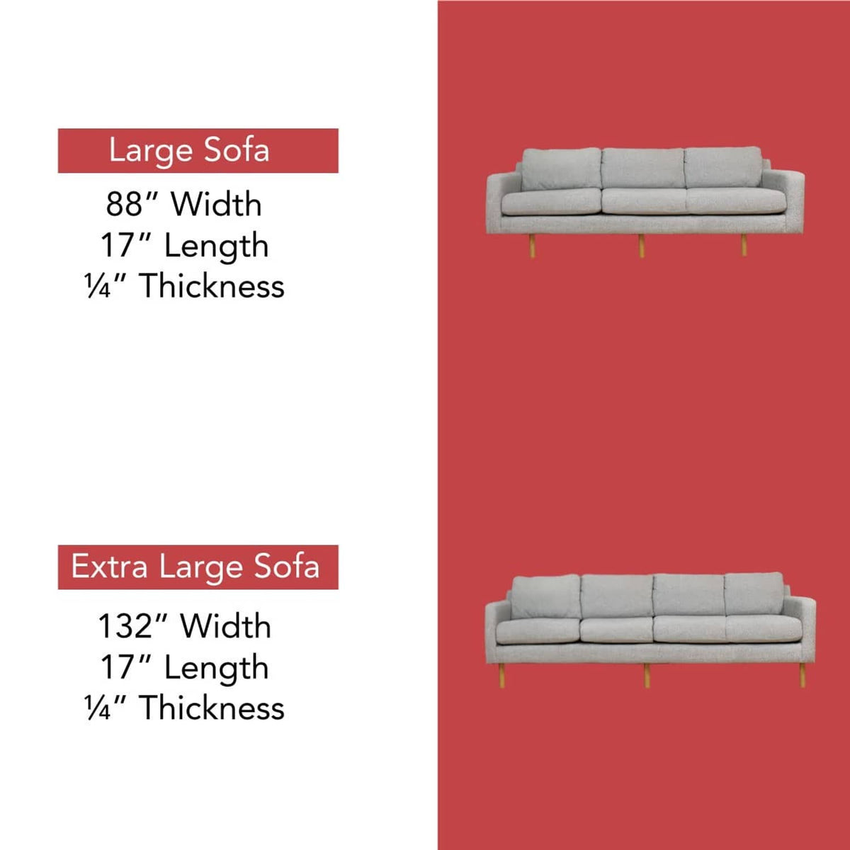 Cushion support insert size guide with large and extra-large sofa outline shapes
