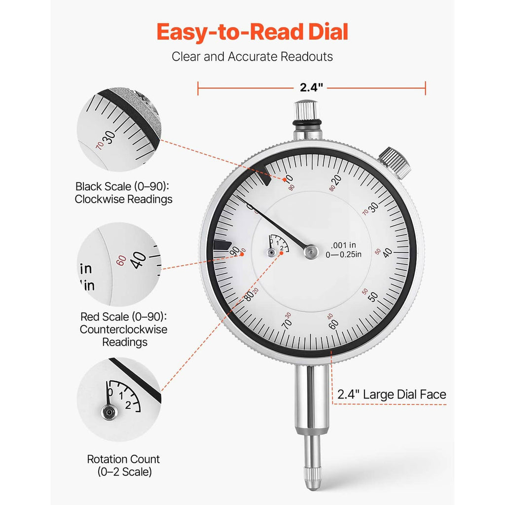 Dial test indicator with large round dial face and clear measurement markings