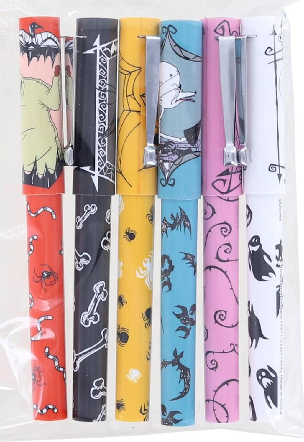 Six colorful character pens side by side with silver tips