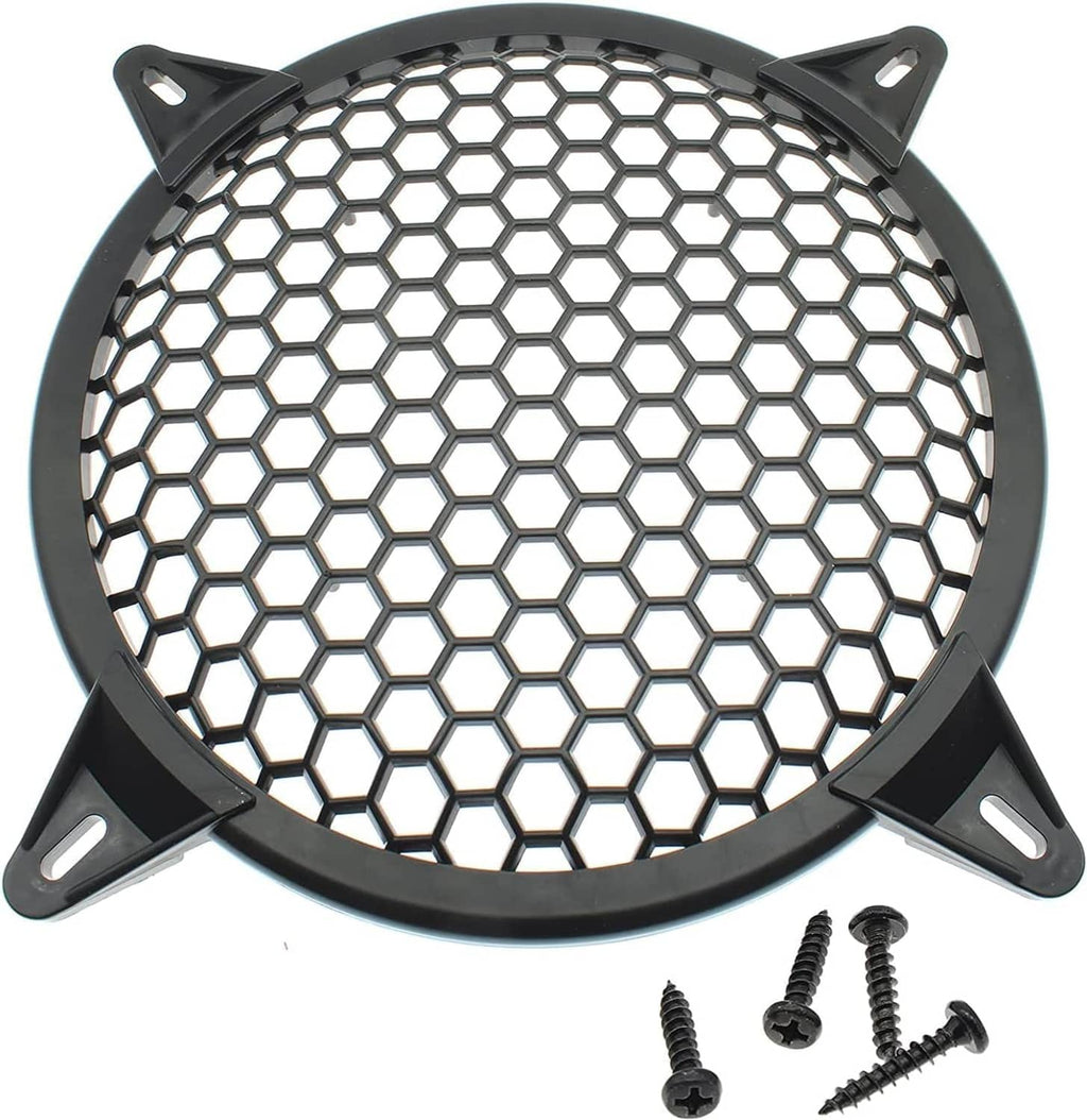 Black round speaker grill guard with hex mesh and included mounting screws