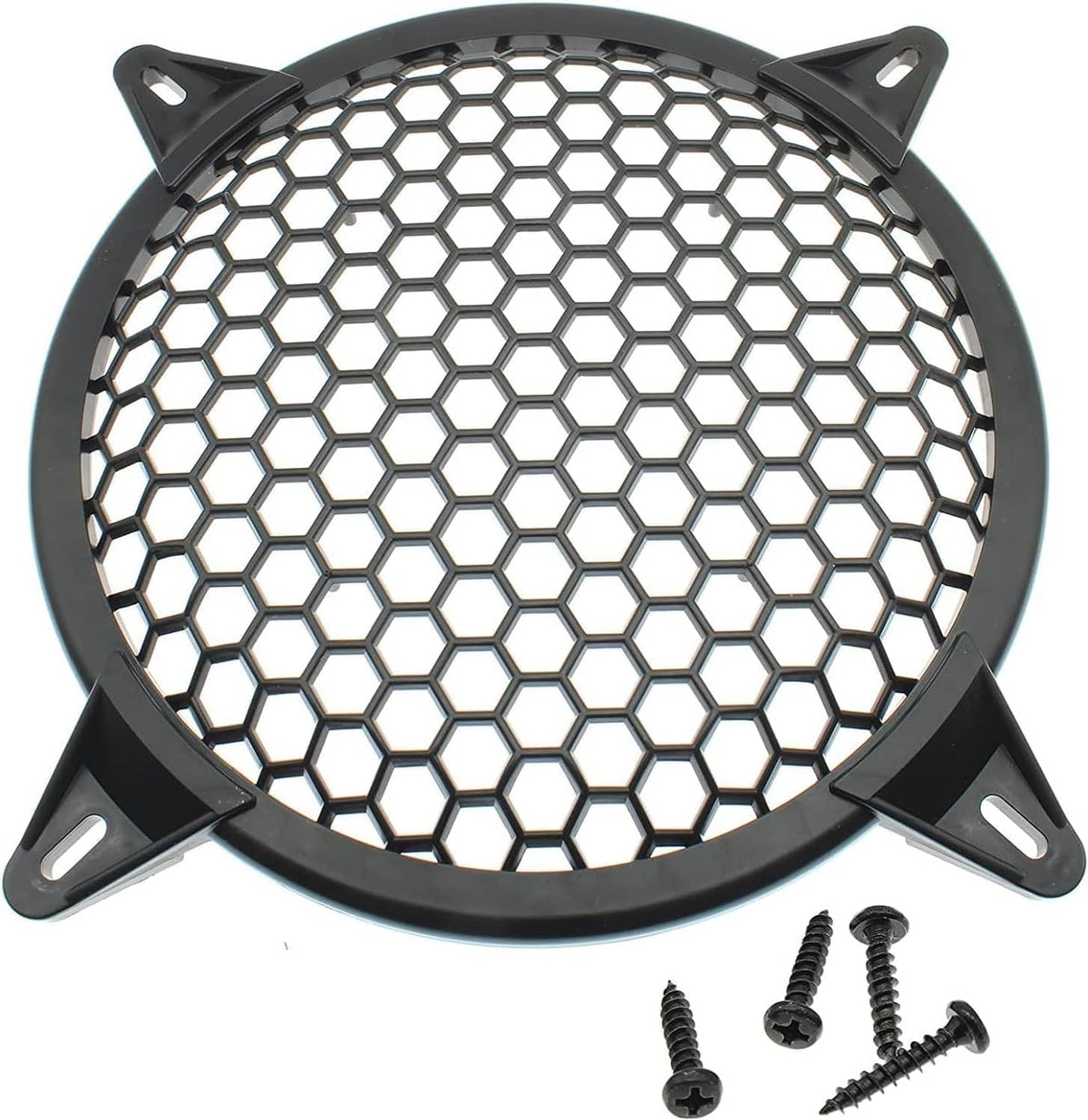 Black round speaker grill guard with hex mesh and included mounting screws