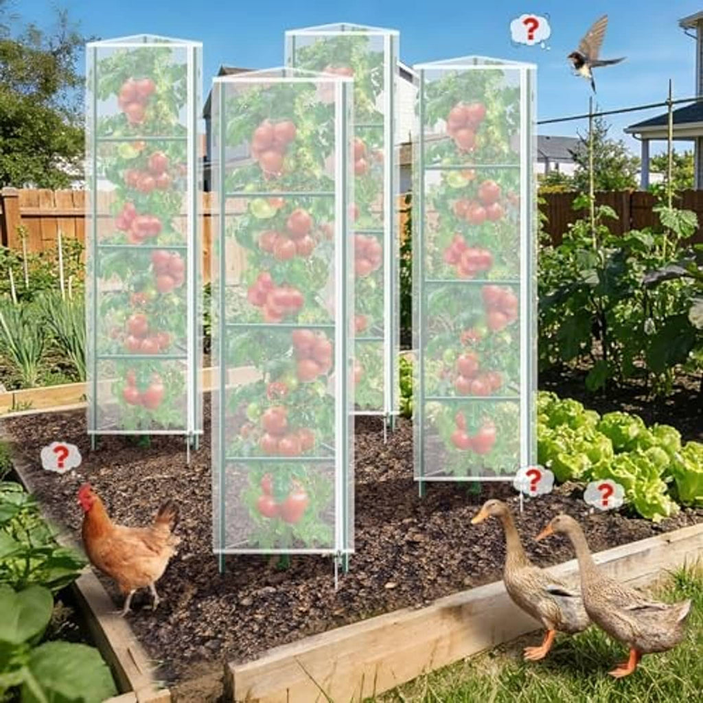 Set of tall white mesh plant cover nets for tomato cages in a garden bed.