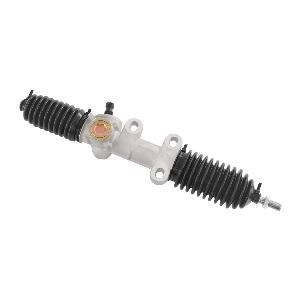 Rack-and-pinion steering gear box with black accordion boots and center silver housing