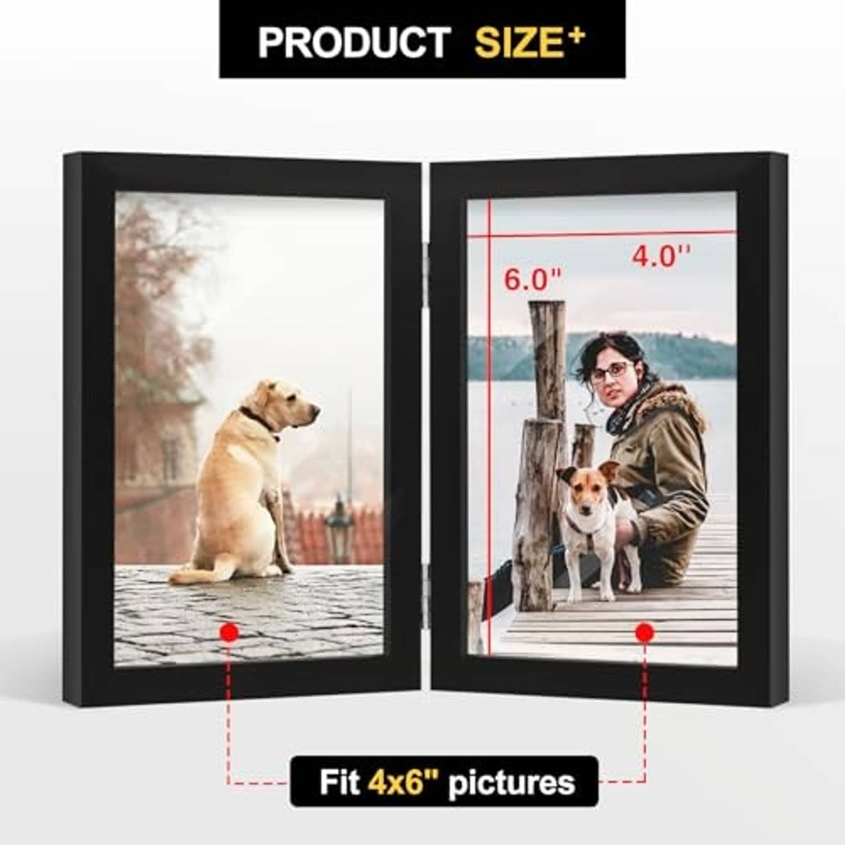 Black double hinged wooden photo frame with clear glass, fits two 4x6 photos