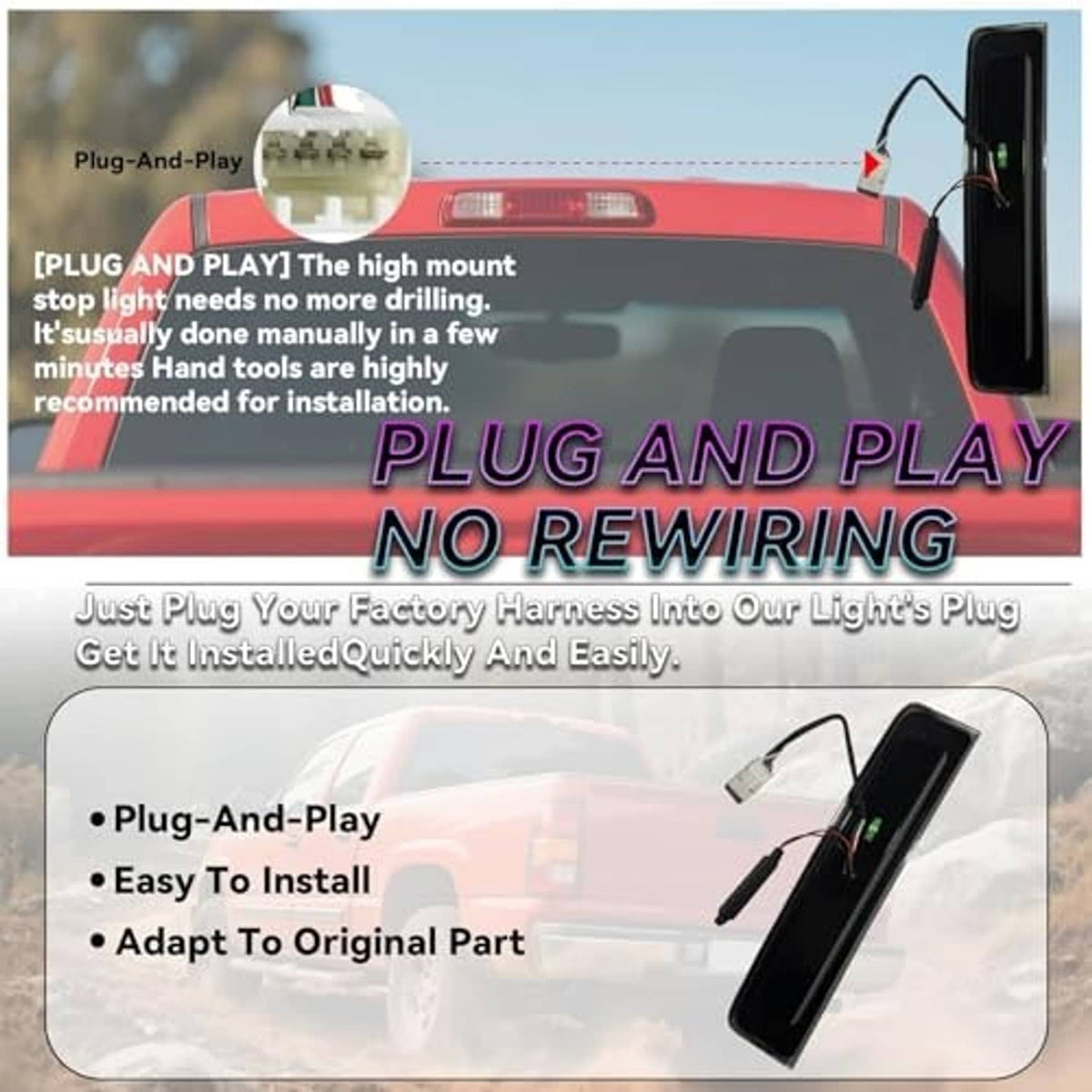 Third brake light with wiring harness and plug connector for easy installation
