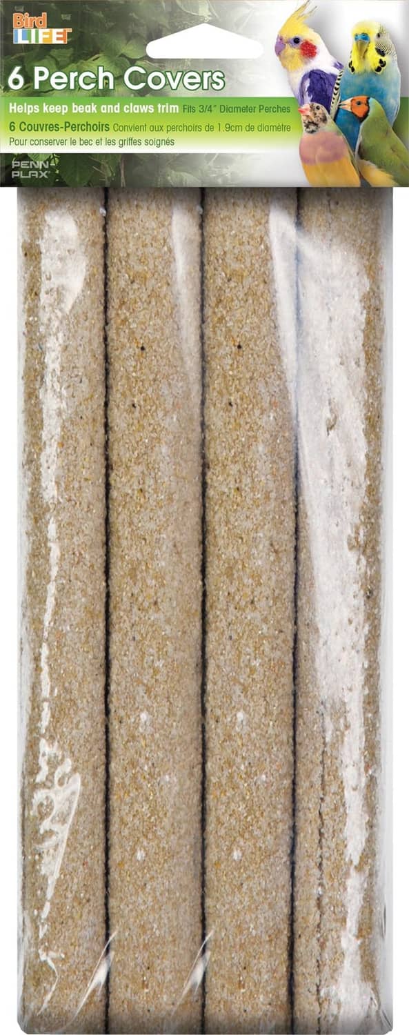 Natural sand perch covers in pack, speckled beige rolled tubes, bird-safe sleeves