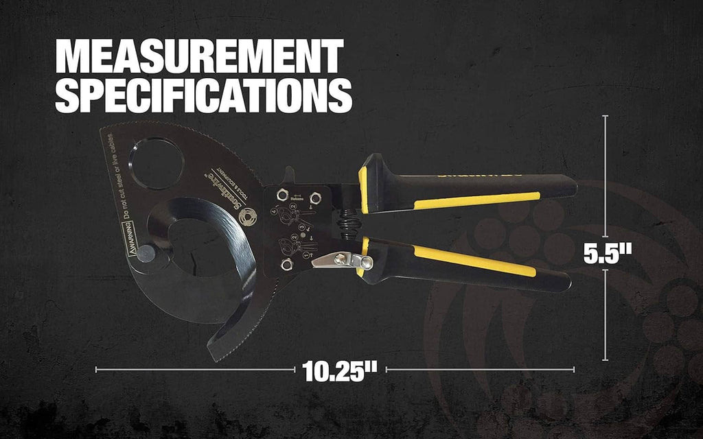 Ratcheting cable cutter tool with long black-and-yellow handles, open cutter head