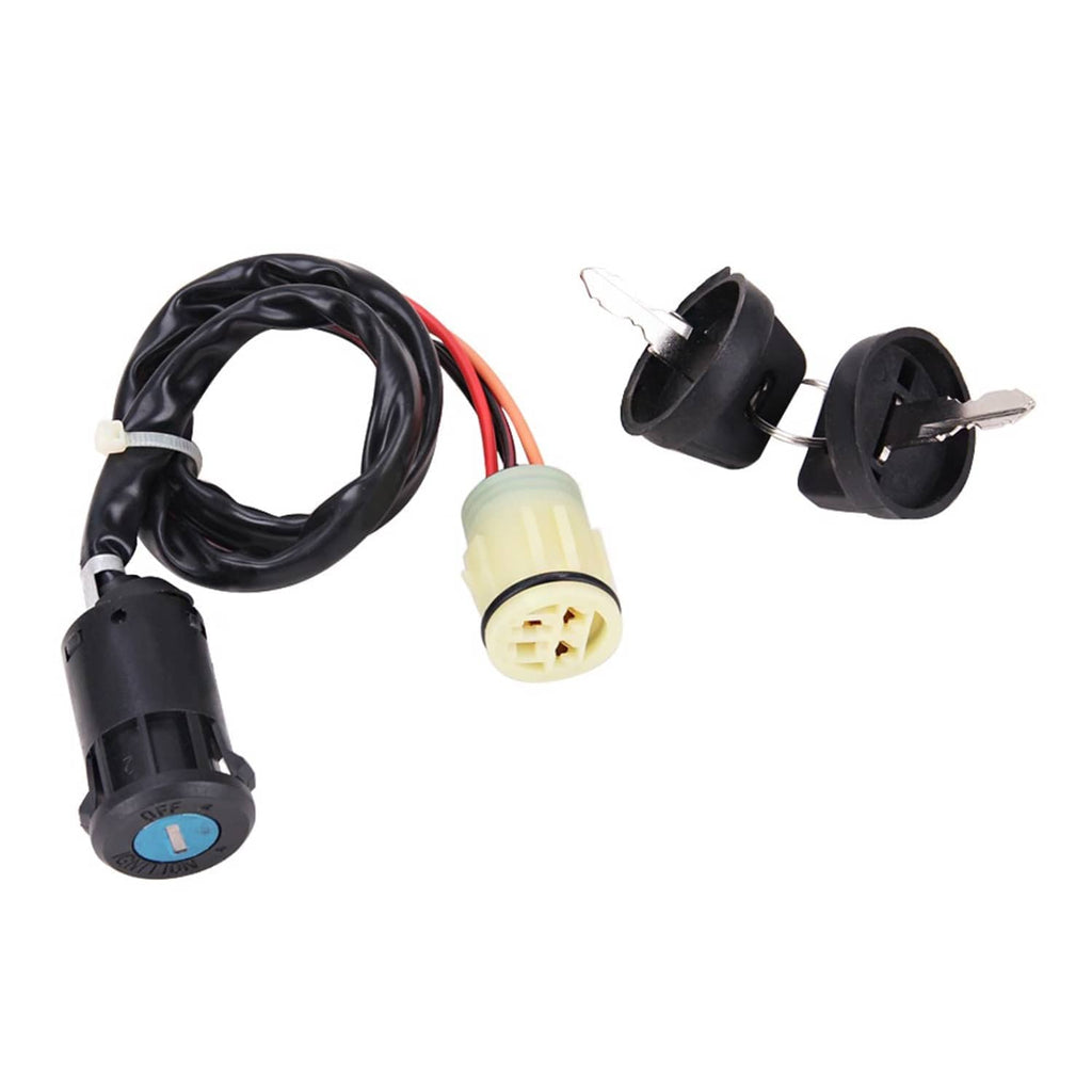 Ignition key switch kit with keys, black wiring harness and light-colored electrical connector