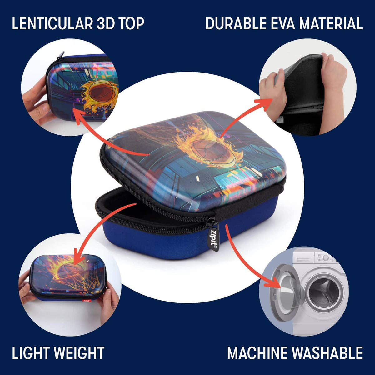 ZIPIT 3D pencil case with durable EVA shell, black zipper, basketball flame graphic.