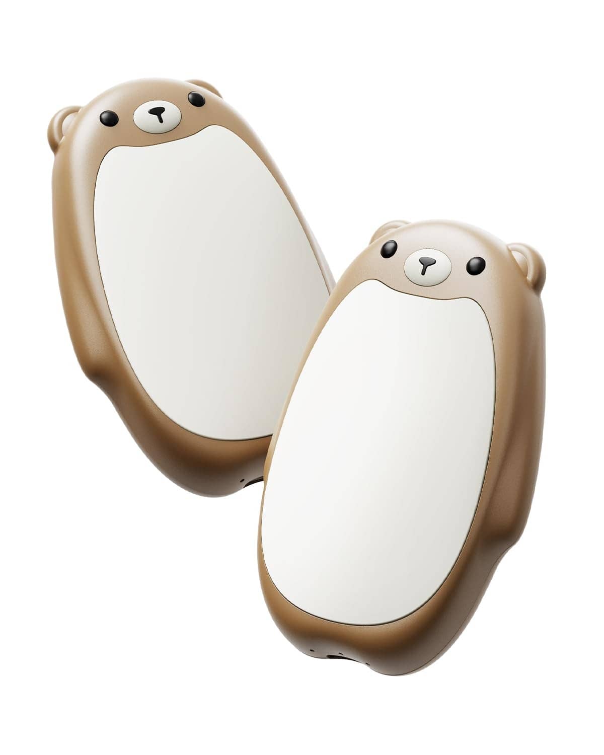 Brown bear-shaped rechargeable hand warmers, two pack with oval white heating pads