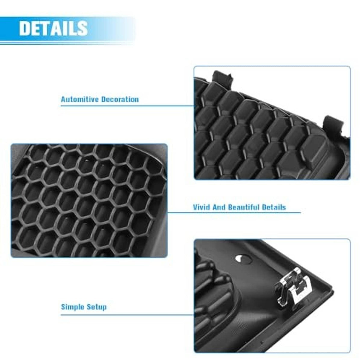 Close-up view of black hex honeycomb grille bezel insert with mounting points