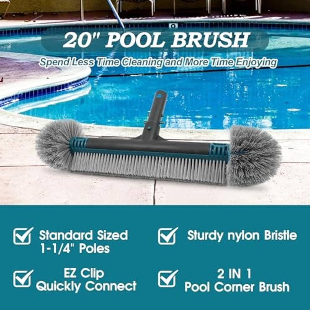 20-inch pool brush with gray bristle roller, black frame, and teal grip accents