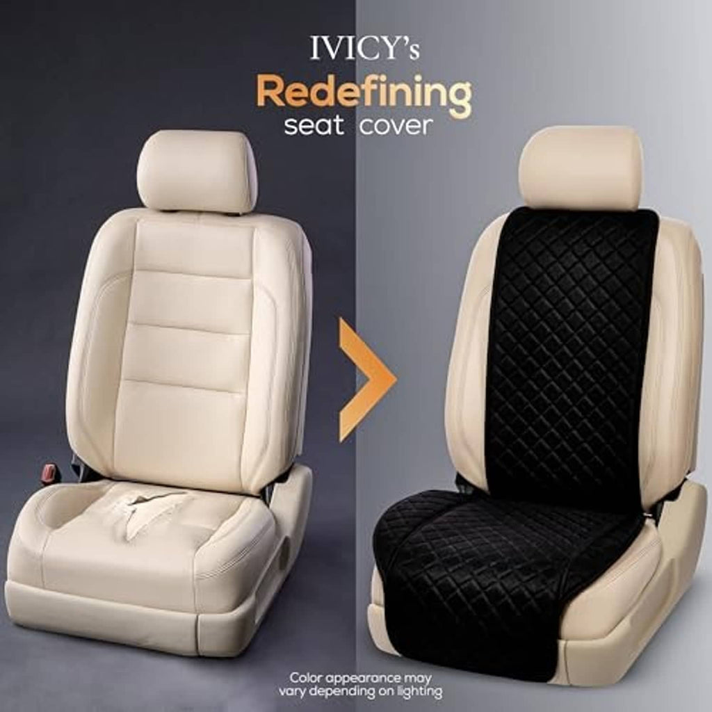 Front seat cover comparison showing black quilted faux linen on the seat and coverage