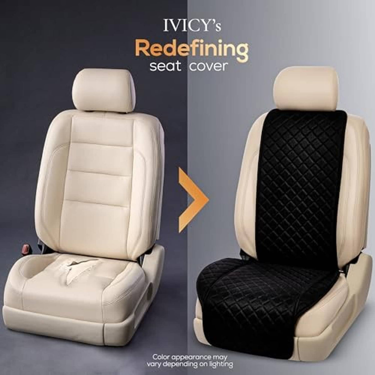 Front seat cover comparison showing black quilted faux linen on the seat and coverage