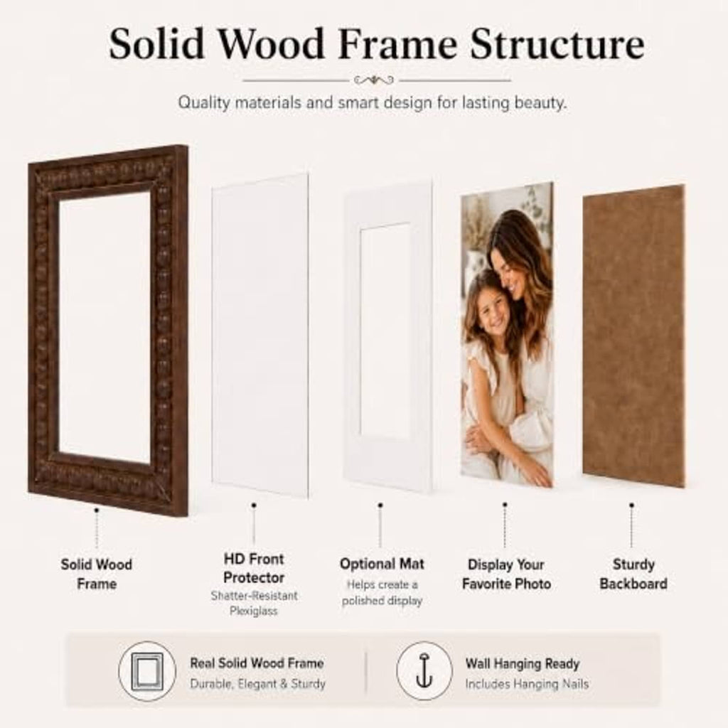 Brown solid-wood picture frame with beaded border and included backboard features