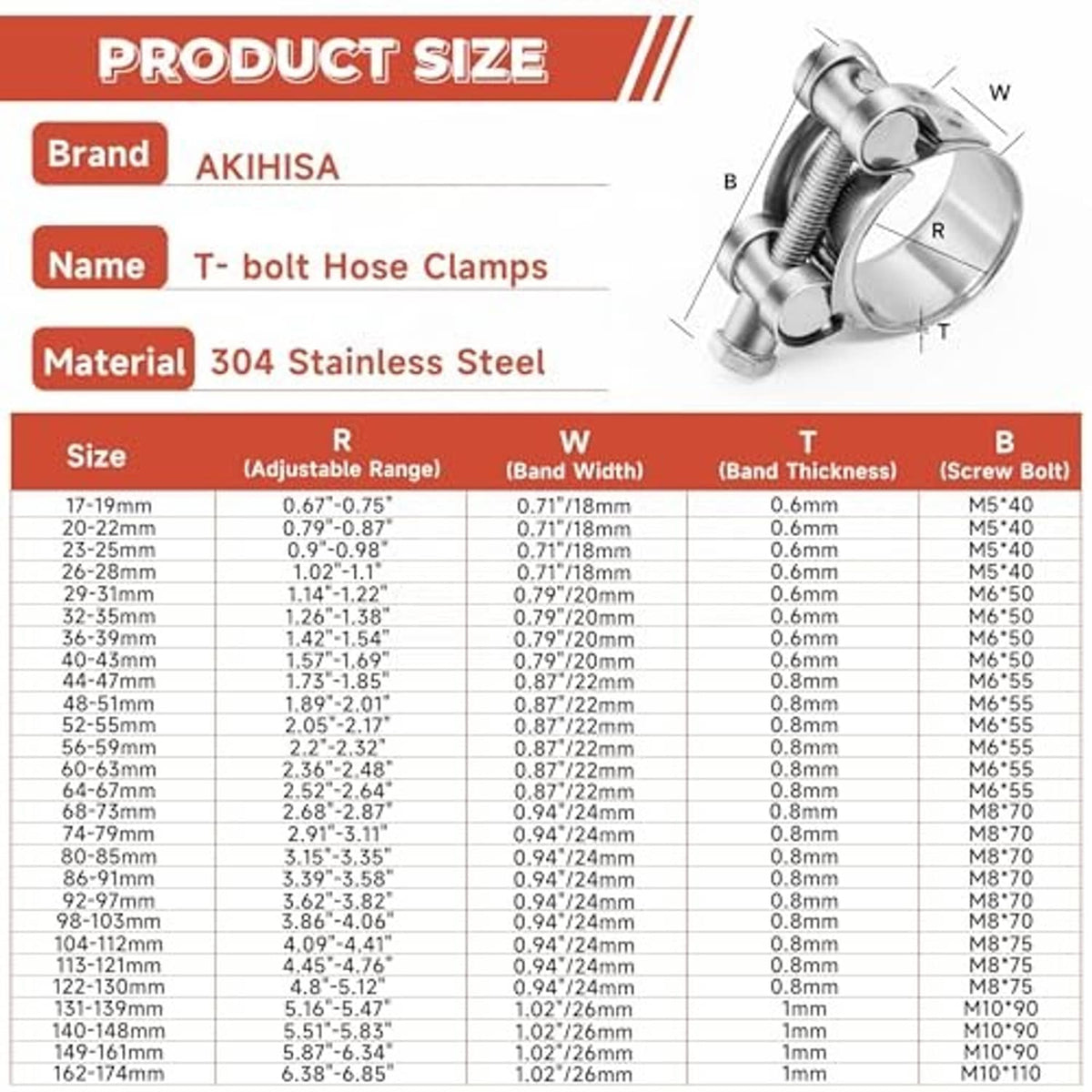 304 stainless steel T-bolt hose clamp parts and size chart with labeled dimensions