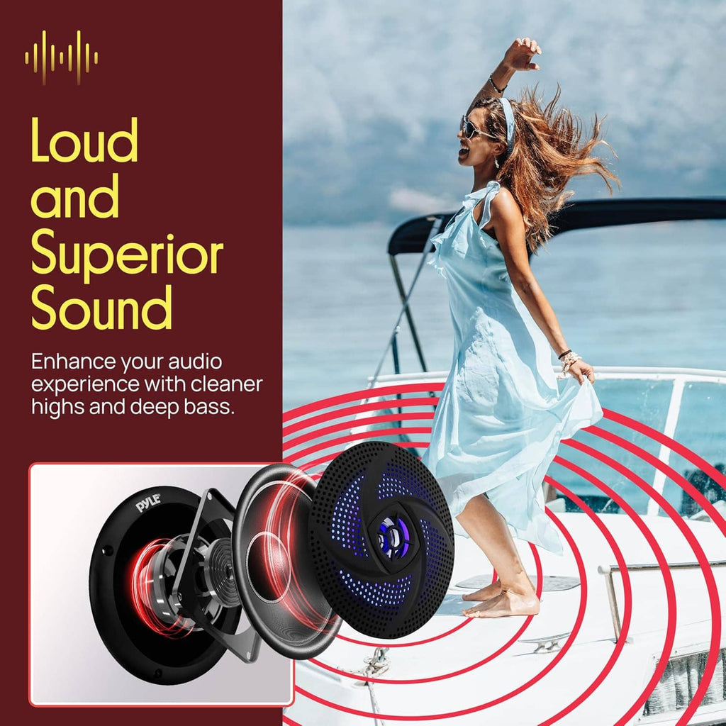 Round black marine 2-way speakers with blue LED rings and visible woofer cones