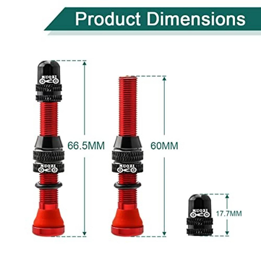Tubeless Schrader valve stem, red 60mm length with black knurled sections and cap