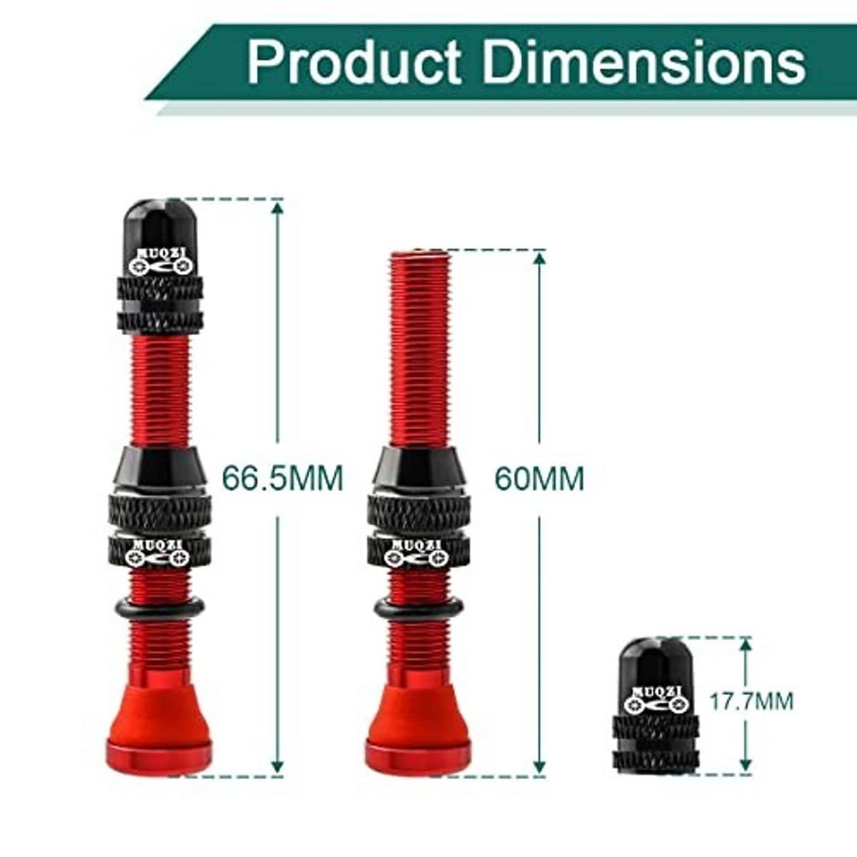 Tubeless Schrader valve stem, red 60mm length with black knurled sections and cap