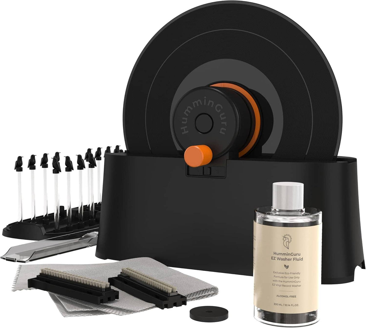 Manual vinyl record cleaner machine with spinning arm, brush tools, and bottle