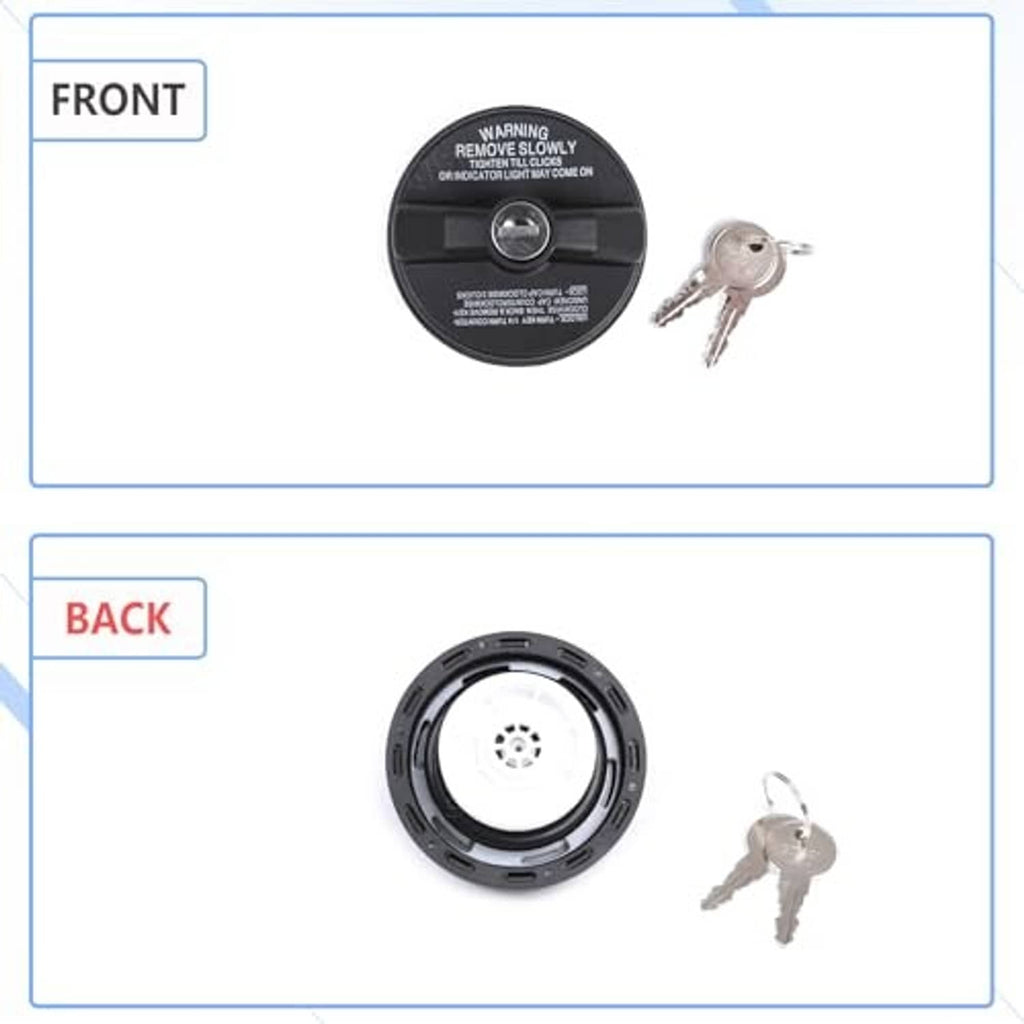 Front and back view of black fuel tank lock cap replacement with keys