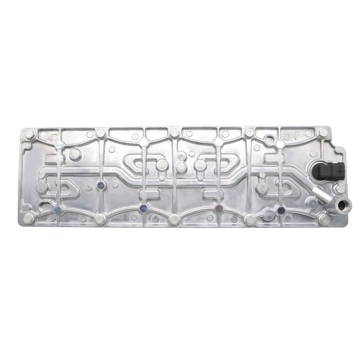 Valve cover oil manifold with molded channels and small sensor connector opening
