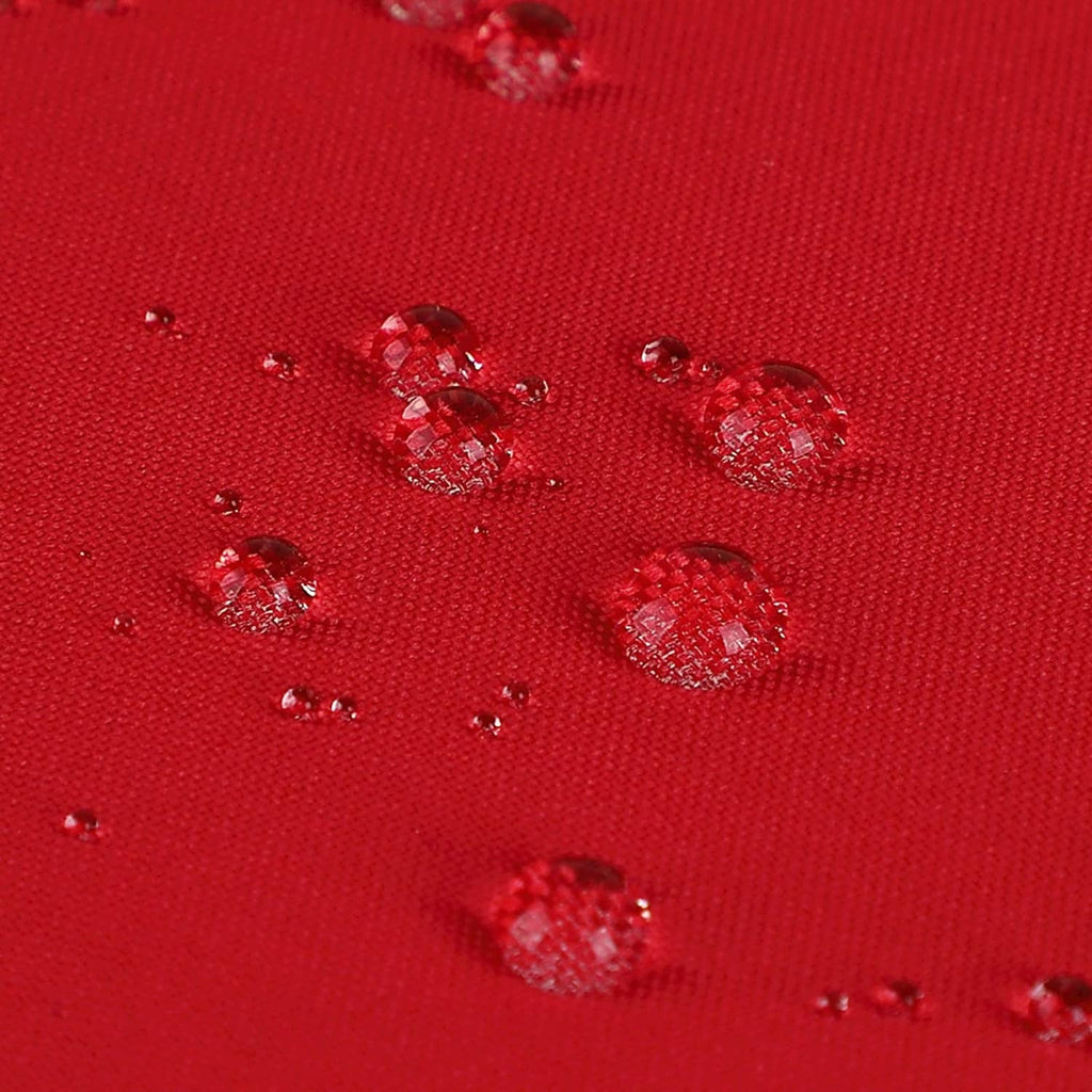 Red water-repellent shower curtain fabric with water droplets beading on surface