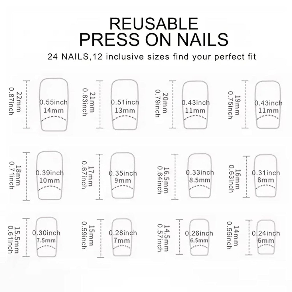 Reusable press-on nails sizing chart with nail measurements and inclusive sizes