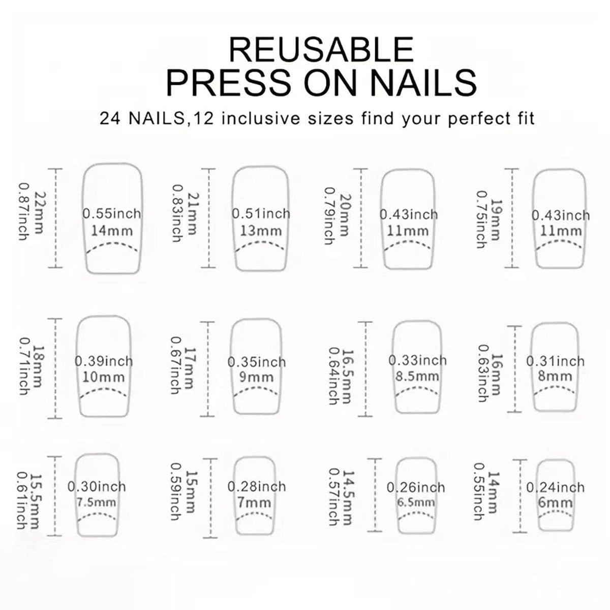 Reusable press-on nails sizing chart with nail measurements and inclusive sizes