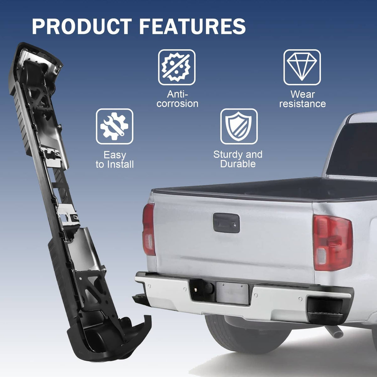 Chrome rear step bumper assembly with side brackets and underside mounting frame