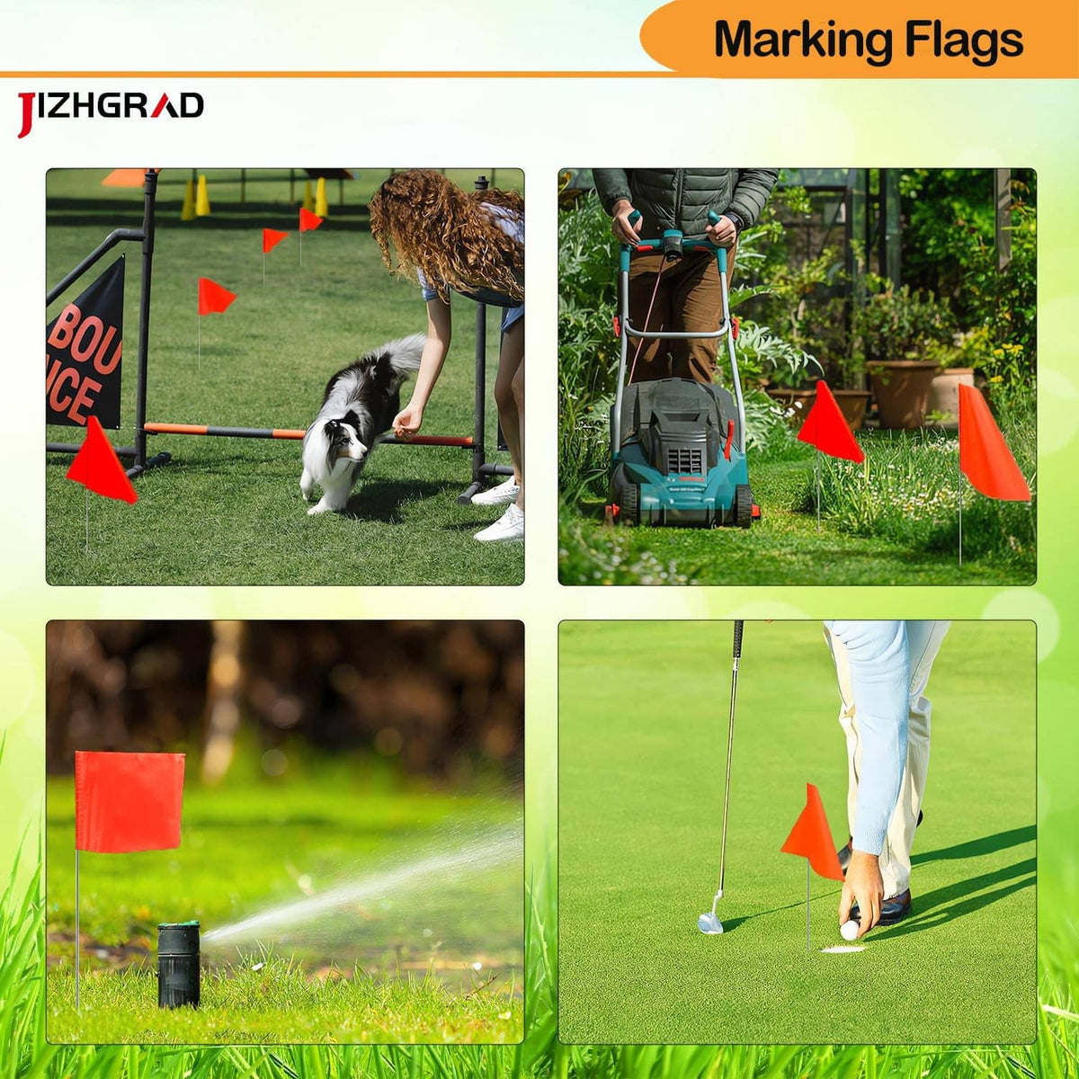 Set of orange marking flags staked in grass and yard