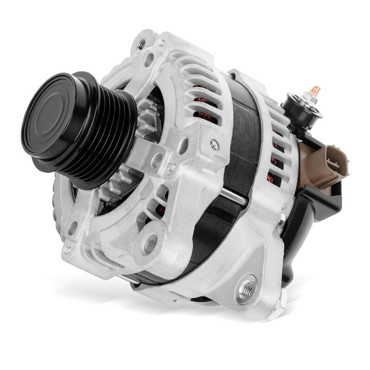 Automotive alternator angled view with black pulley, vented casing, and electrical connector