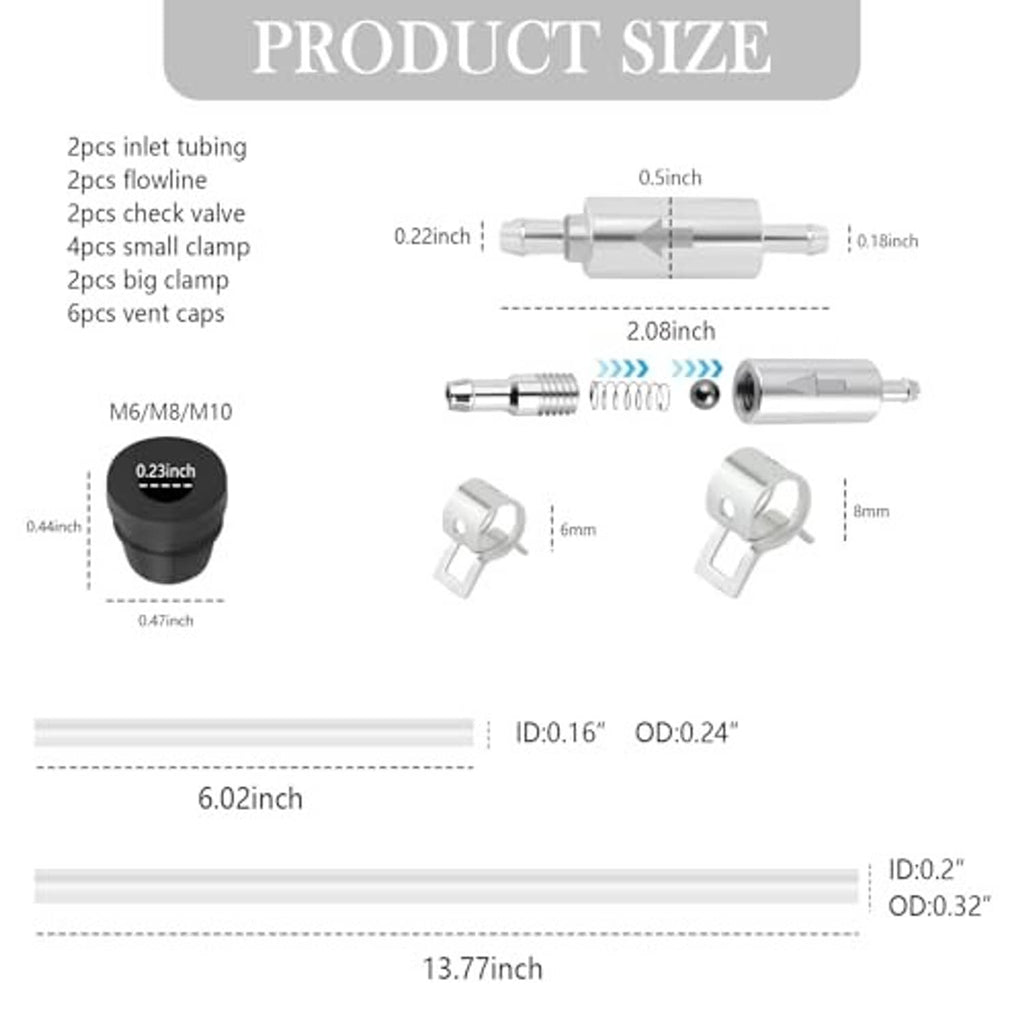 Brake bleeder valve and fittings diagram with inlet tubing, check valve, and dimensions