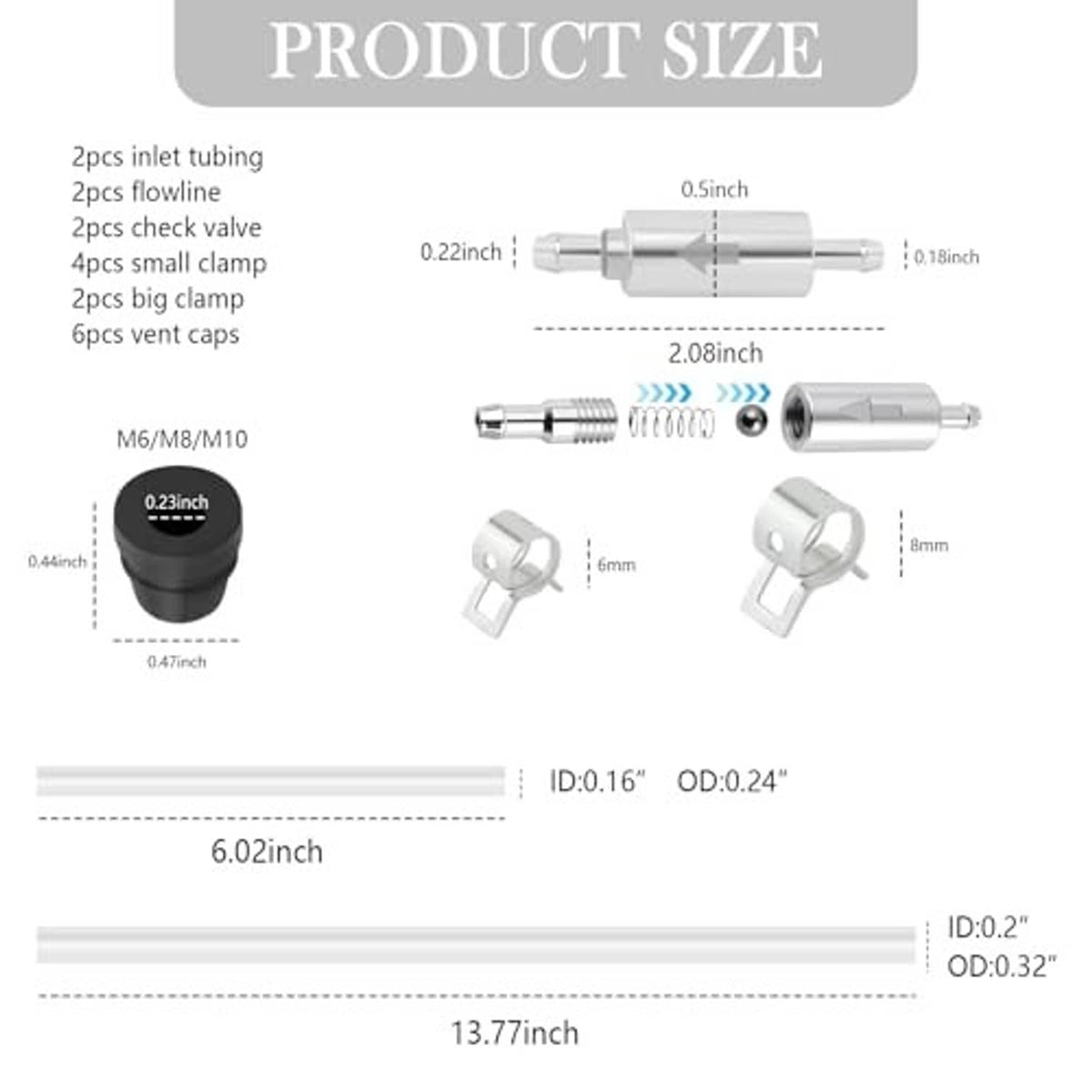 Brake bleeder valve and fittings diagram with inlet tubing, check valve, and dimensions