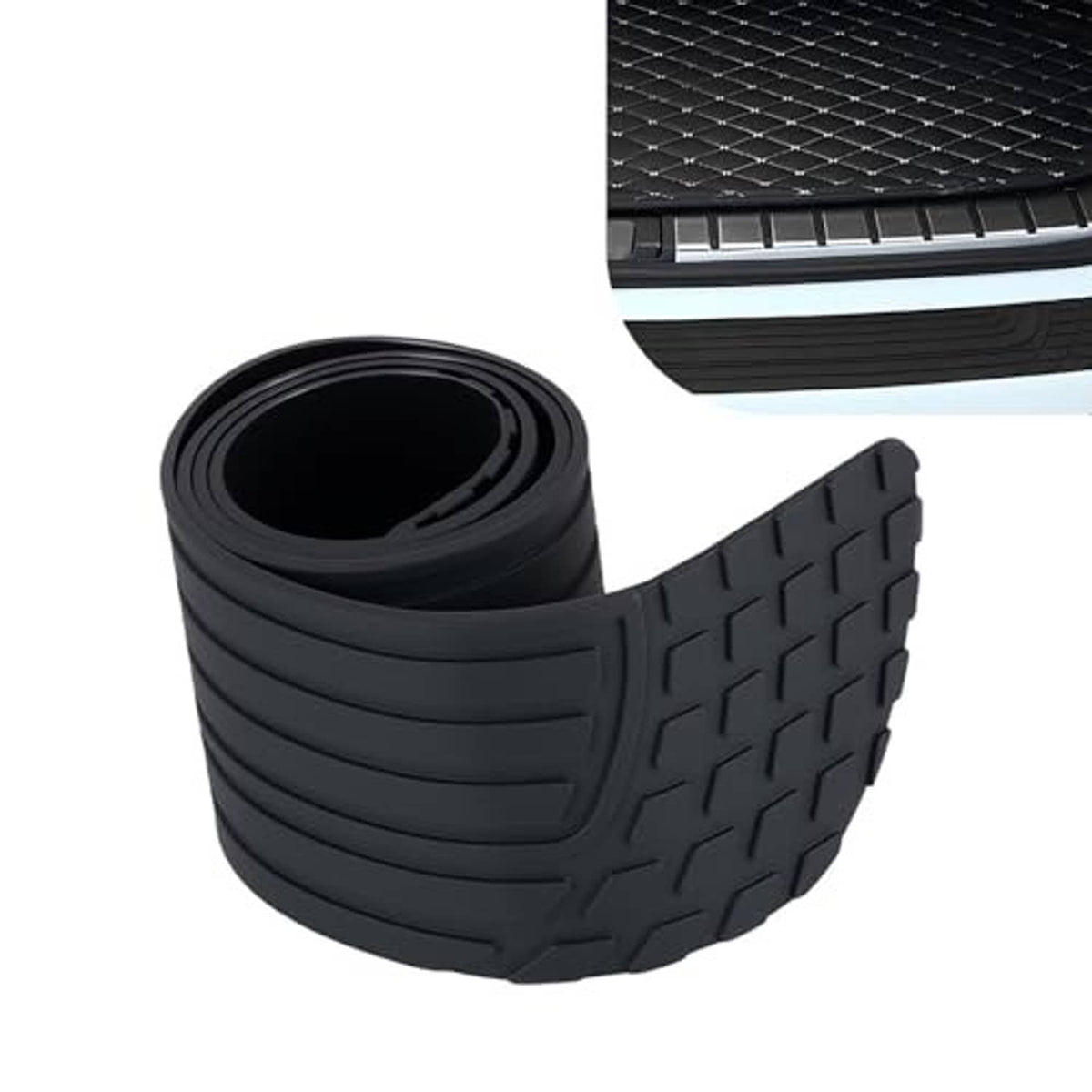 Black flexible bumper protector strip, curved roll with raised square tread pattern