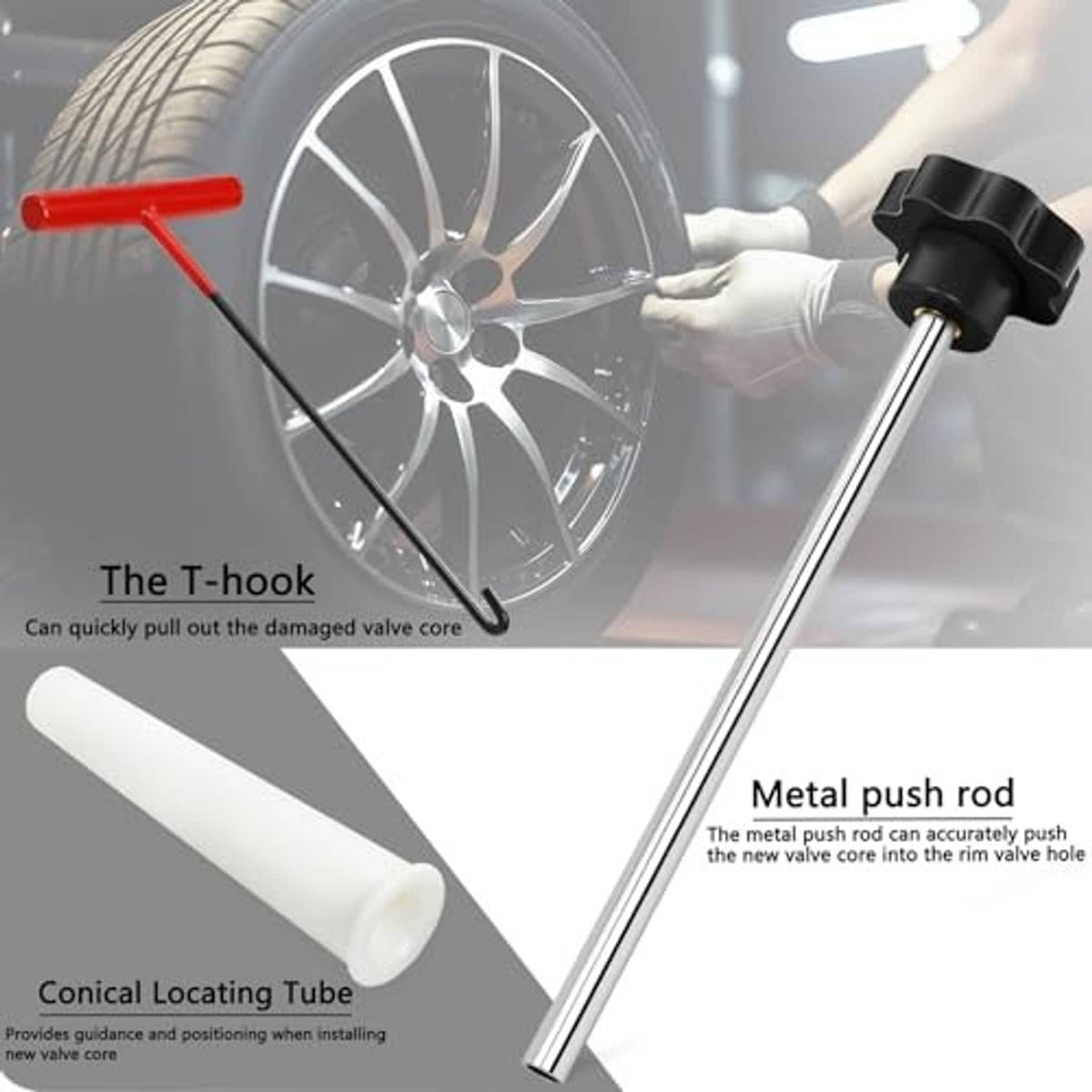 Tire valve tool kit with T-hook and metal push rod for removing and installing valve cores