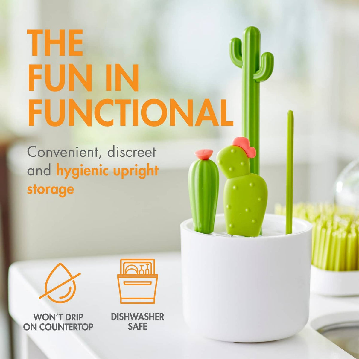 Green cactus-style bottle brush set stored in white cup