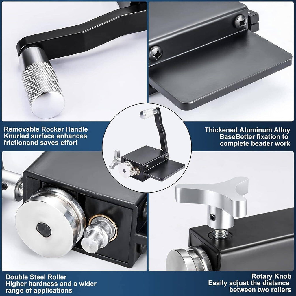 Tube pipe bead roller tool showing thick plate, double steel roller, and adjustment knobs