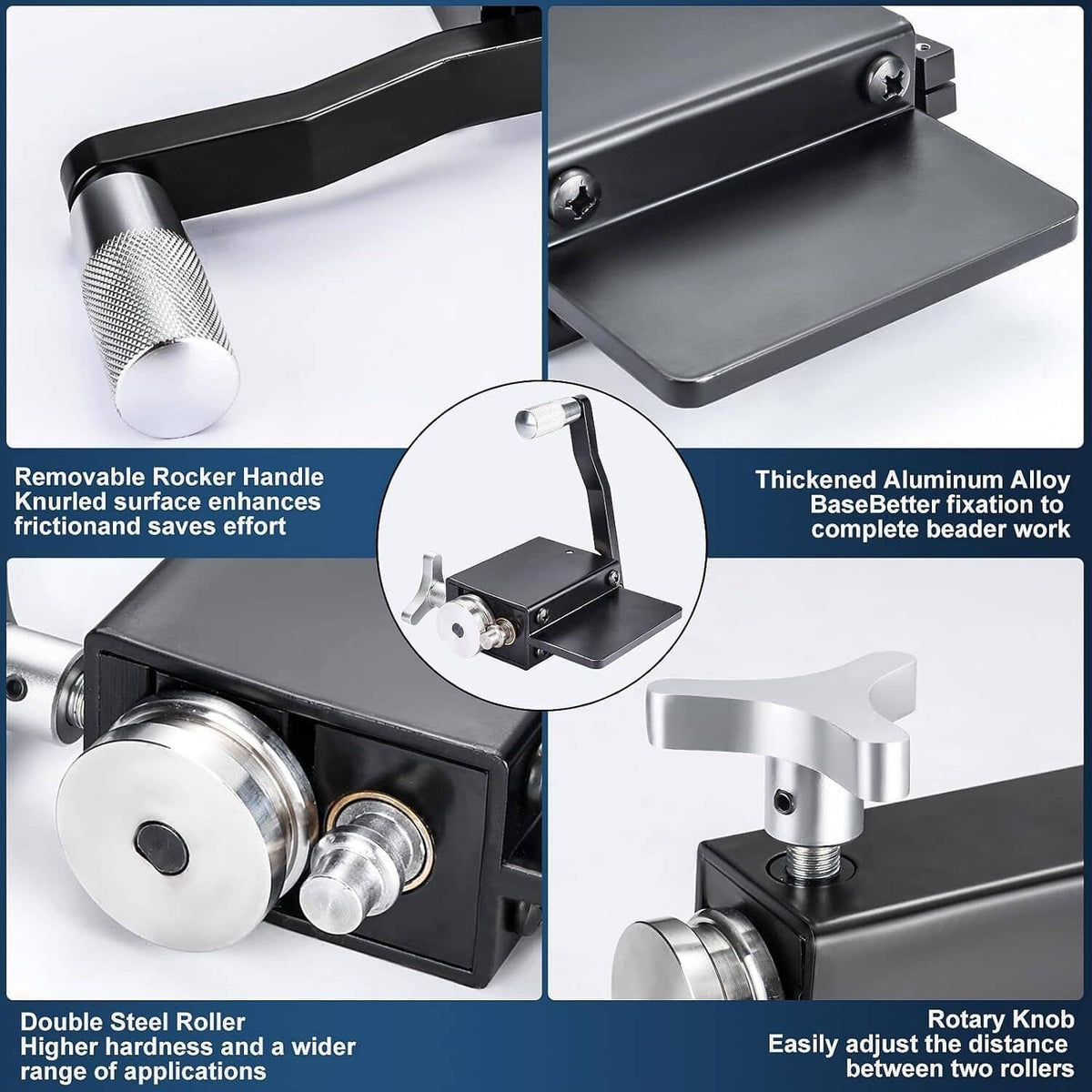 Tube pipe bead roller tool showing thick plate, double steel roller, and adjustment knobs