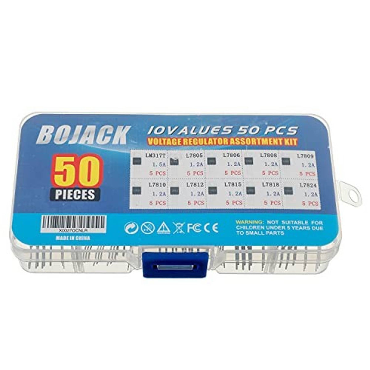 BOJACK voltage regulator assortment kit 50 pcs in blue labeled organizer case