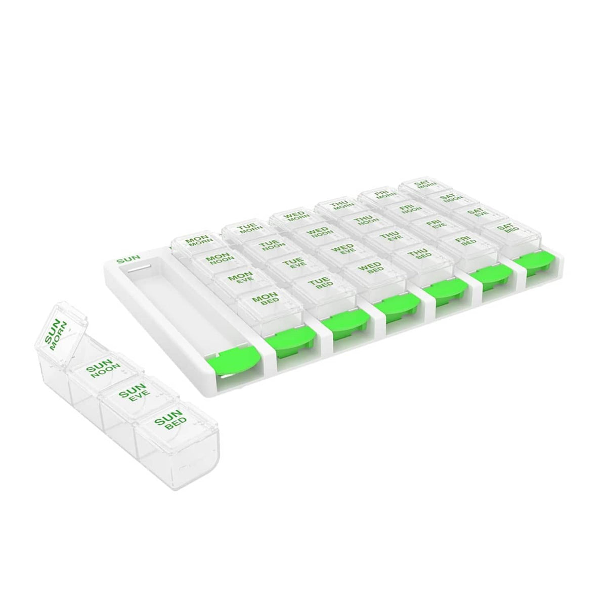 7-day push-button pill organizer with clear lids and green day compartments