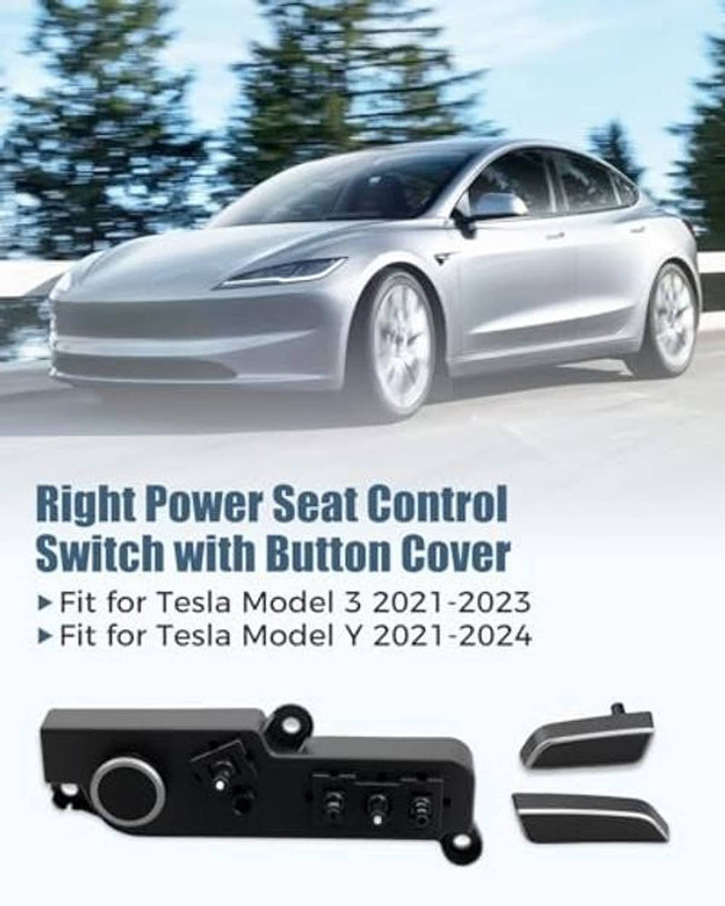 Black right-side power seat control switch with round button and gray rocker covers