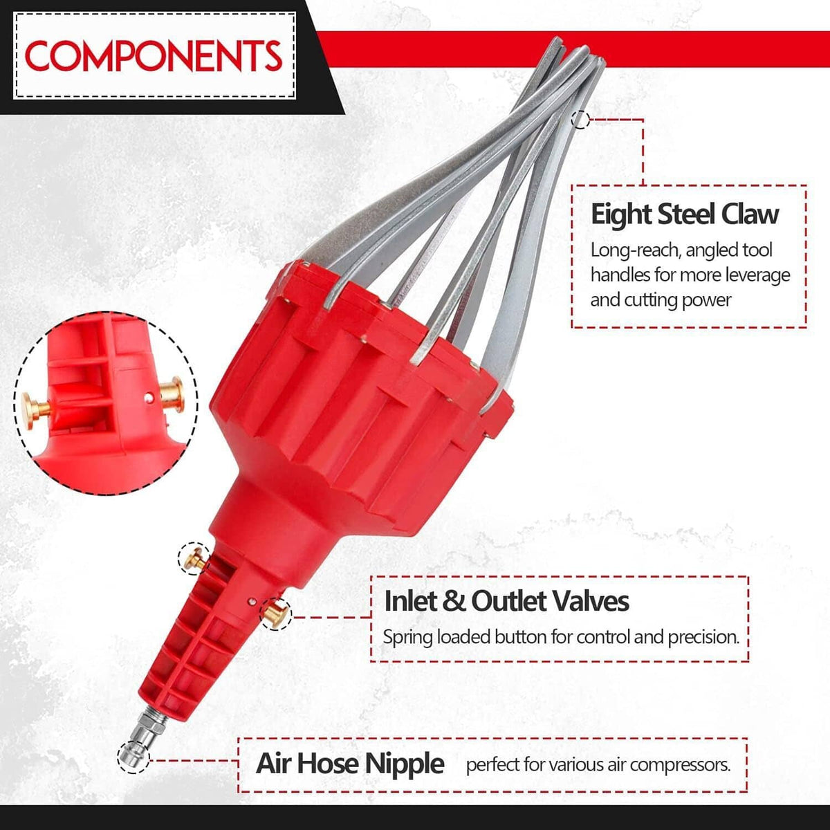 Red pneumatic CV boot spreader expander with eight steel claw legs and inlet/outlet valves