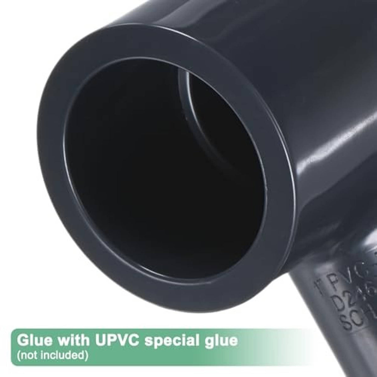 Black 90-degree UPVC socket pipe elbow with close-up of the round opening