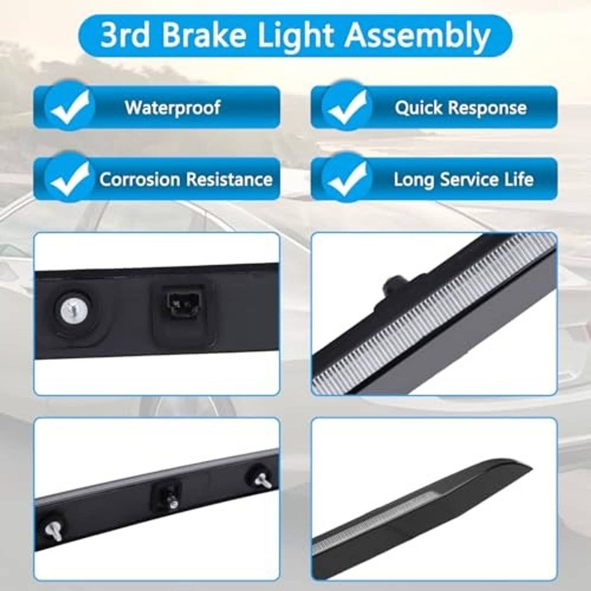 Black LED third brake light assembly with clear ribbed lens and mounting holes